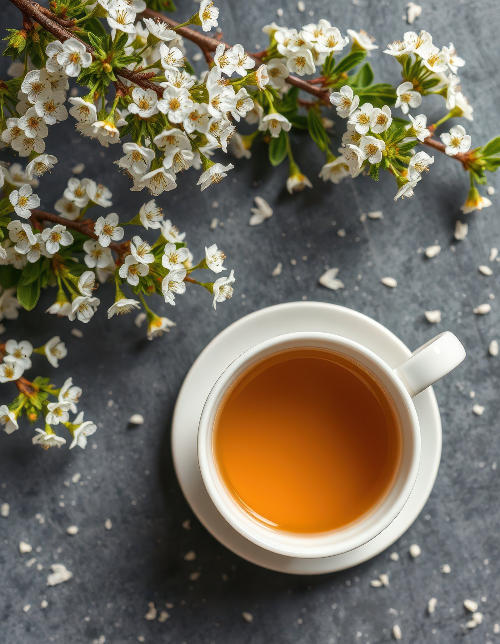 Warm cup of tea beside delicate white blossoms on a gray surface during a peaceful morning setting